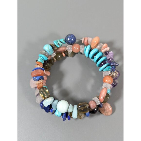 Multi Gemstone Bead Flex Wire Coil Wrap Bracelet 7" Amethyst Quartz - Picture 3 of 8